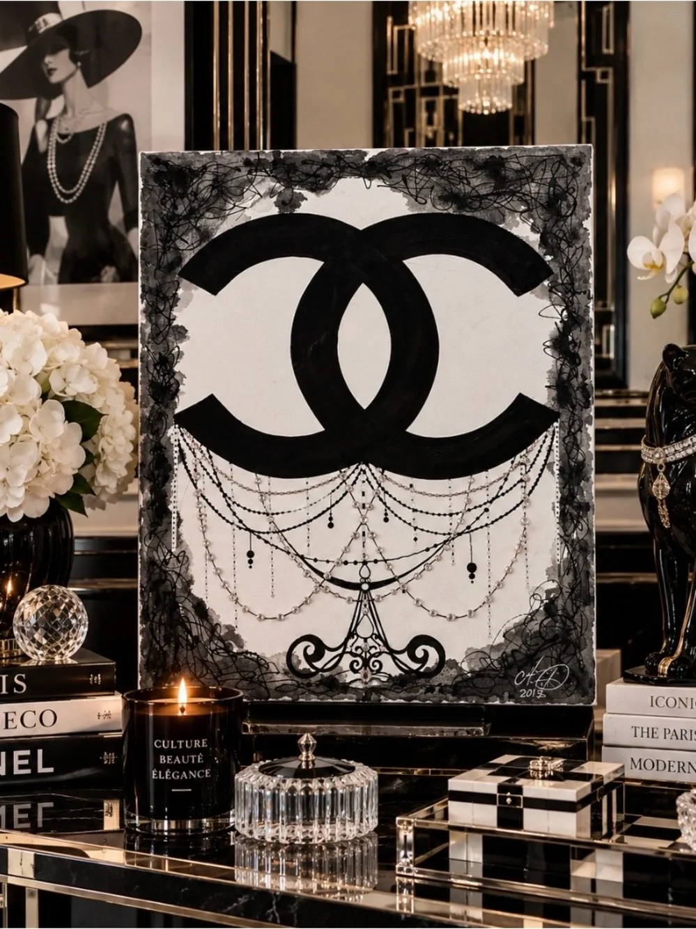 Signed 2015 Black White Fashion Canvas Art Glam Wall Decor